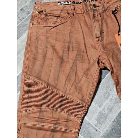 New Rock Revival Men's Distressed Denim Biker Moto Jeans "Ivan" Orange 42x32 - Picture 3 of 13